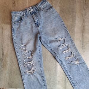 Forever 21 Size 4/27 Baggy Rhinestone Straight Denim Blue Jeans Distressed
